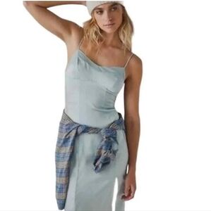 New Free People City Cool Midi Slip Dress Nightgown Chemise Blue Polar F…